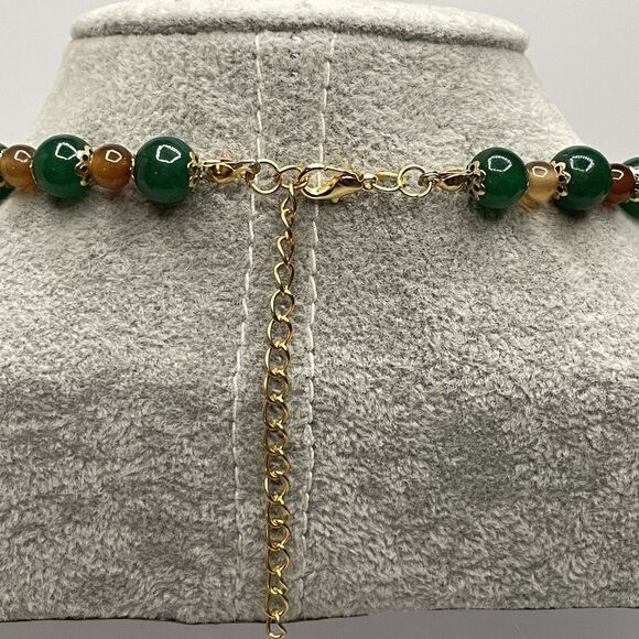 Emerald Green Gemstone Brown Agate Gemstone Beaded Necklace Gold Tone Boho - Picture 5 of 8